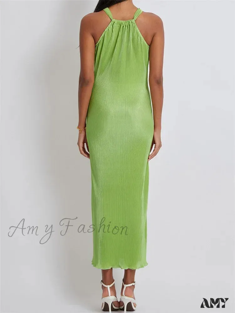 Amy Fashion - Women Cocktail  Solid Color Halter Neck Sleeveless Off Shoulder Ruched Summer Evening Party Vestidos