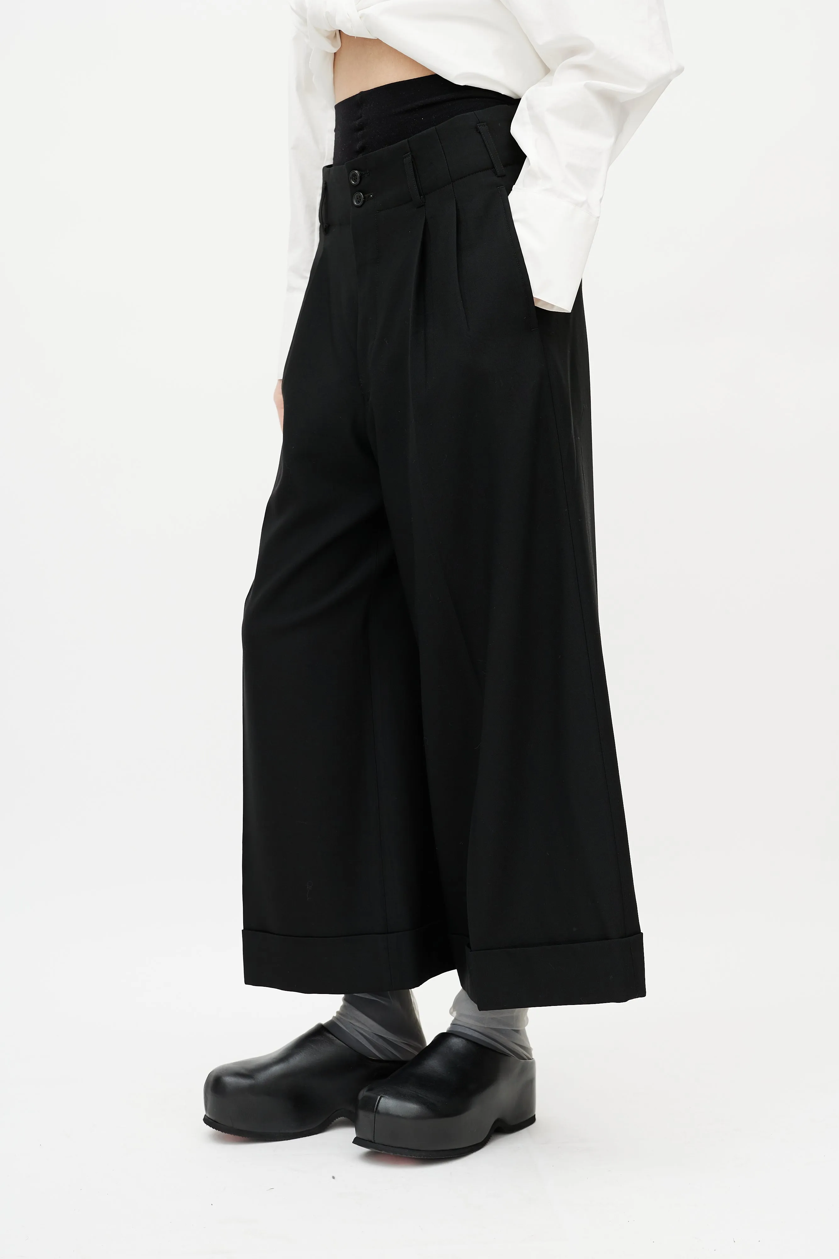 Black Wool Wide Leg Cropped Trouser