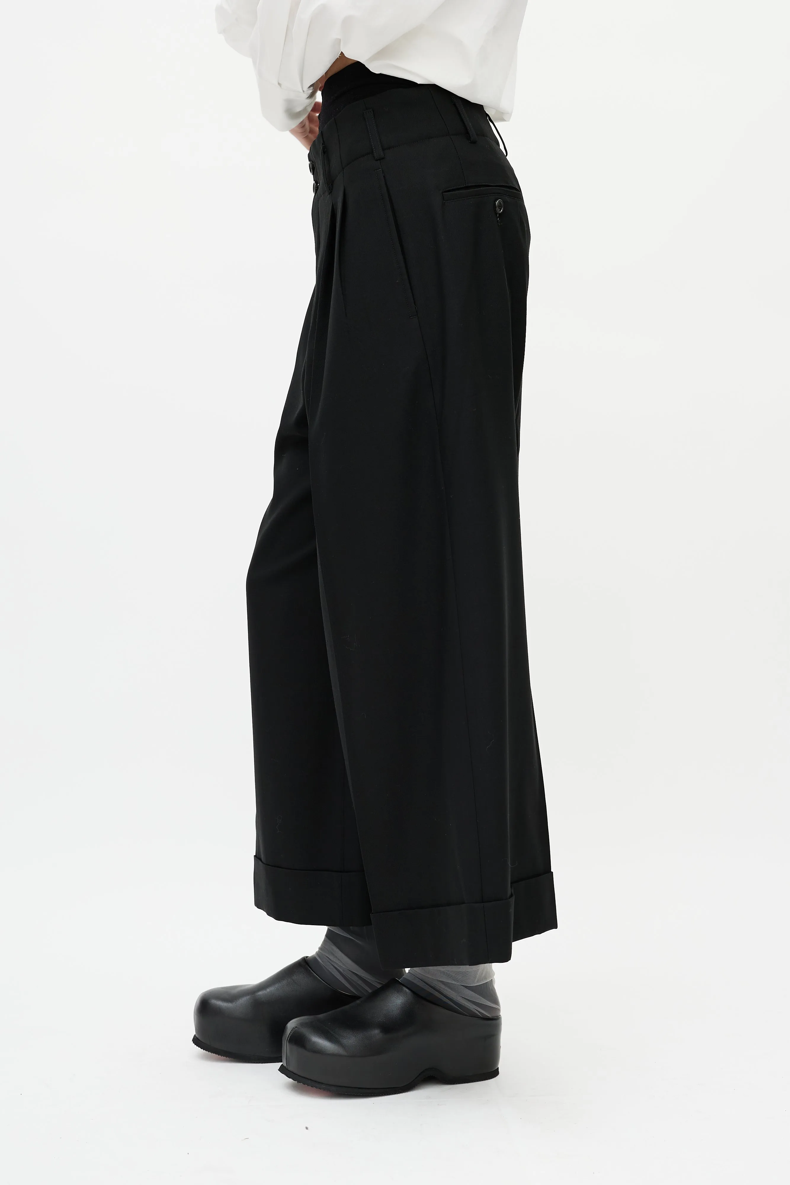 Black Wool Wide Leg Cropped Trouser