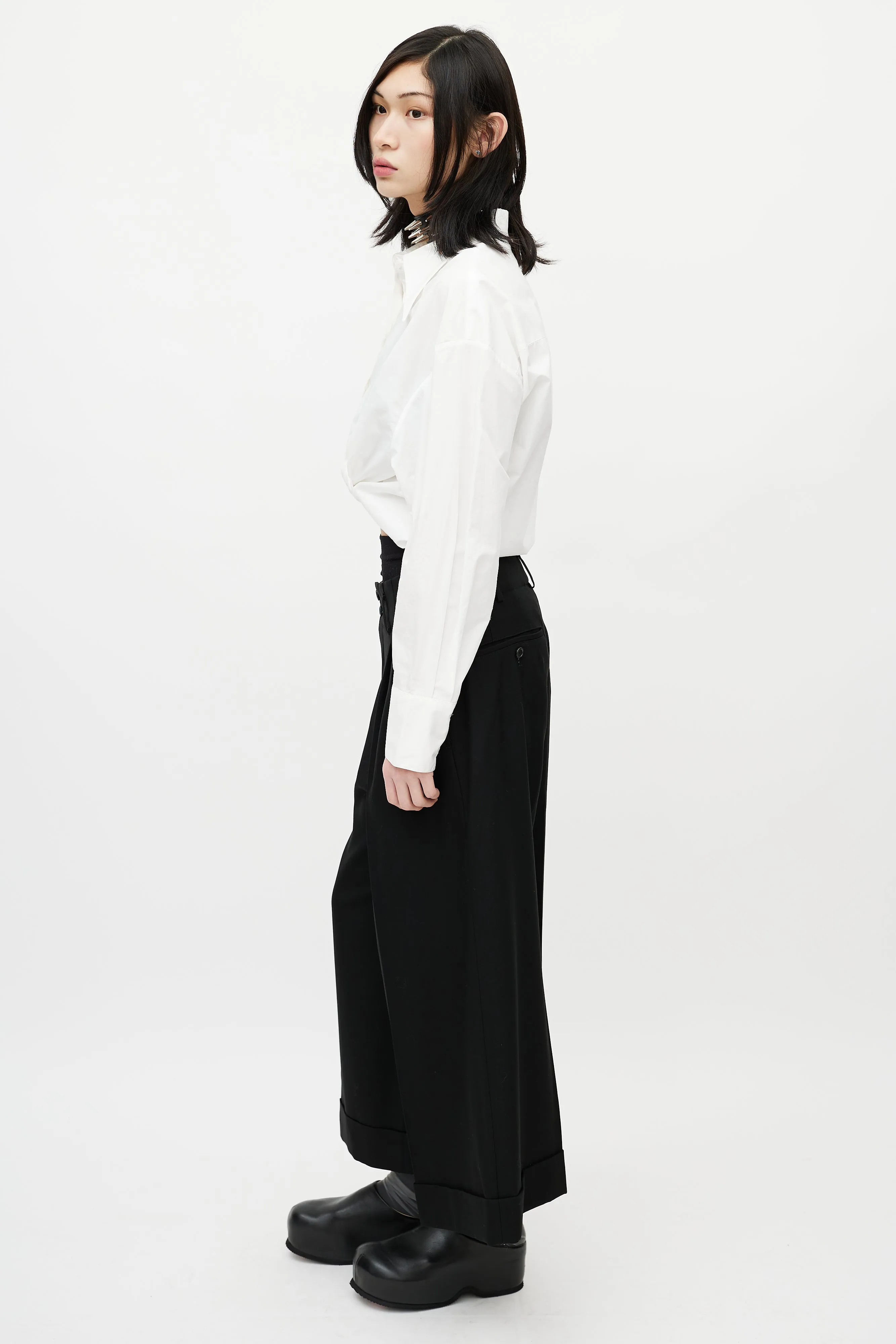Black Wool Wide Leg Cropped Trouser