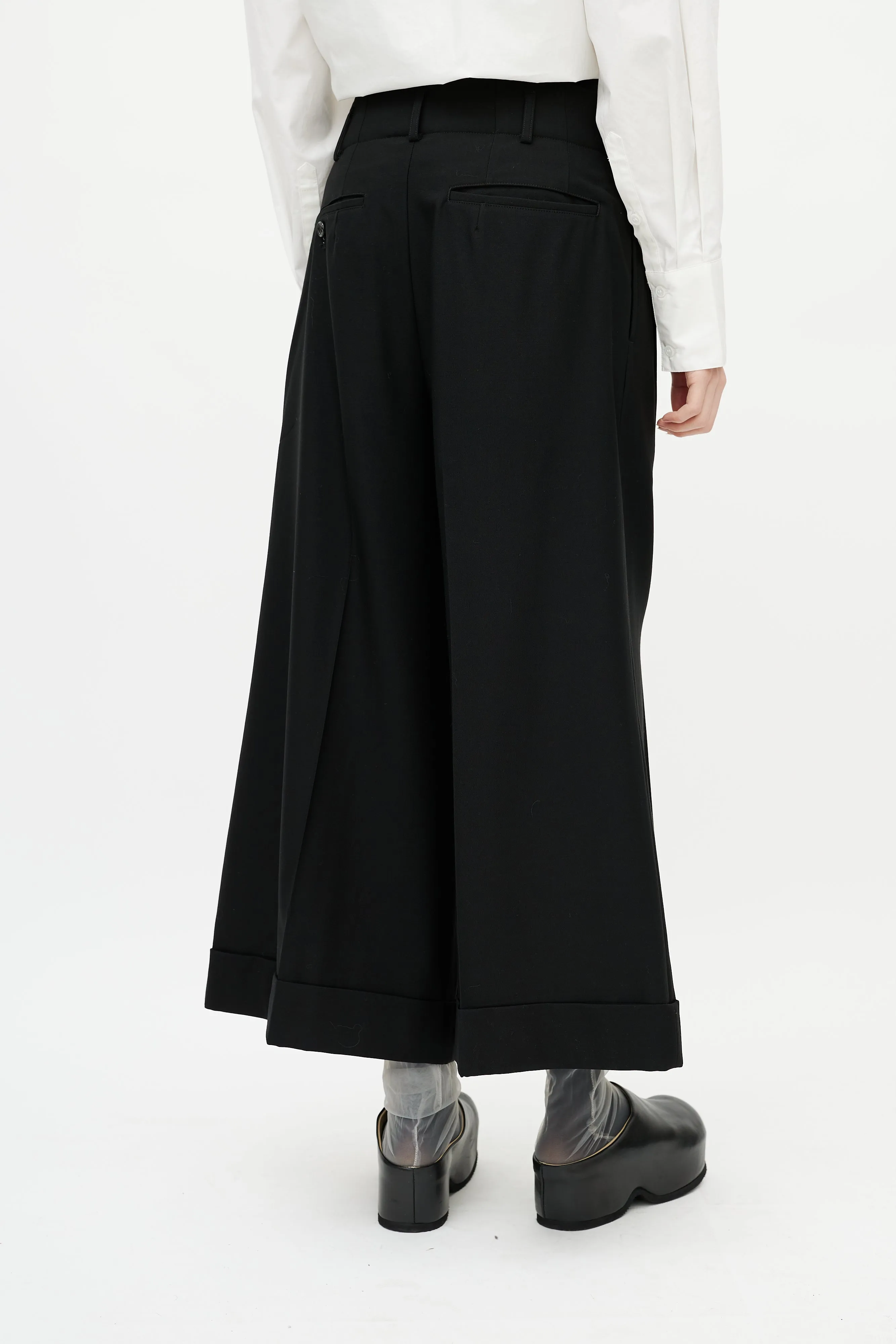 Black Wool Wide Leg Cropped Trouser