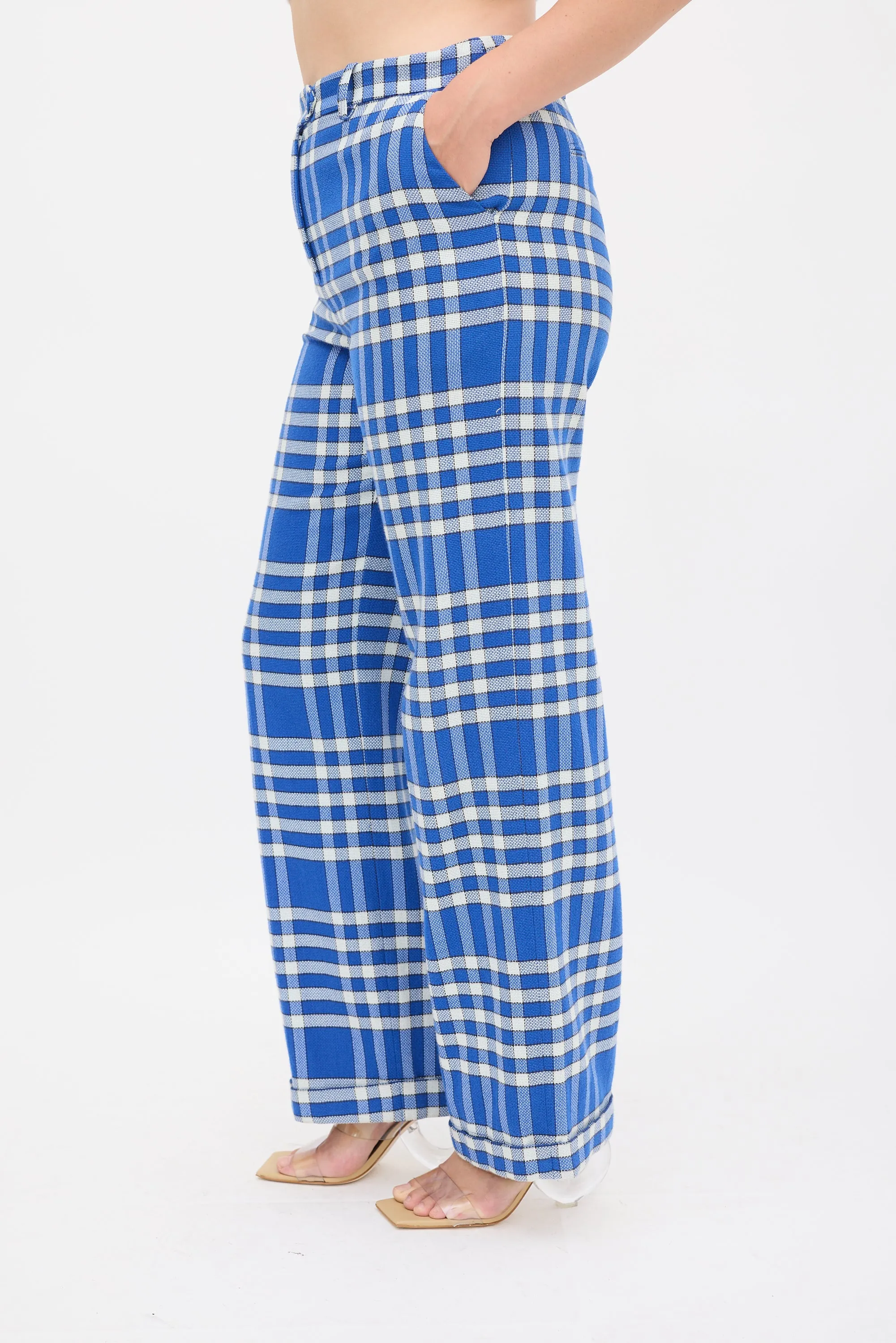 Blue & White Check Wide Leg Trouser