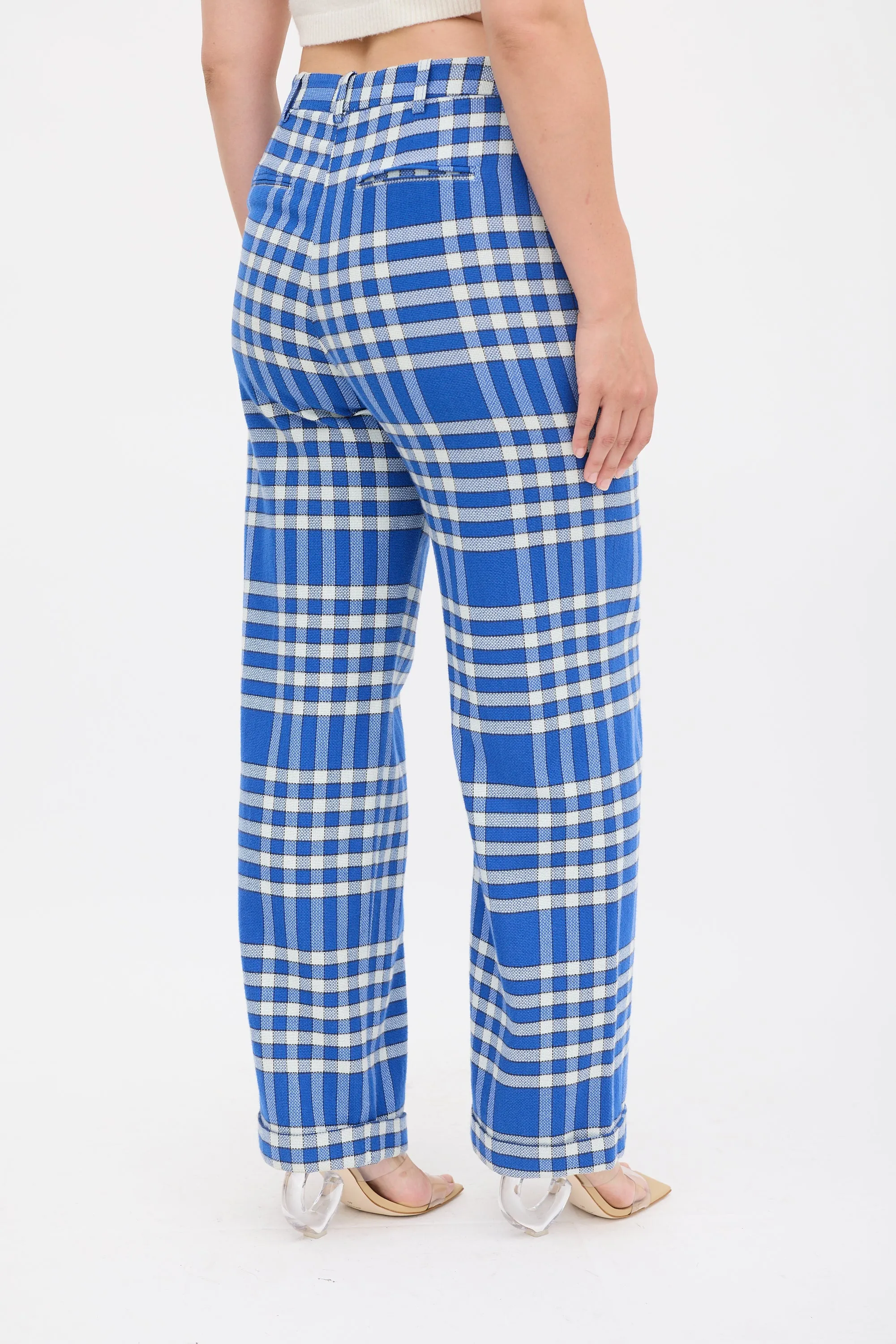 Blue & White Check Wide Leg Trouser
