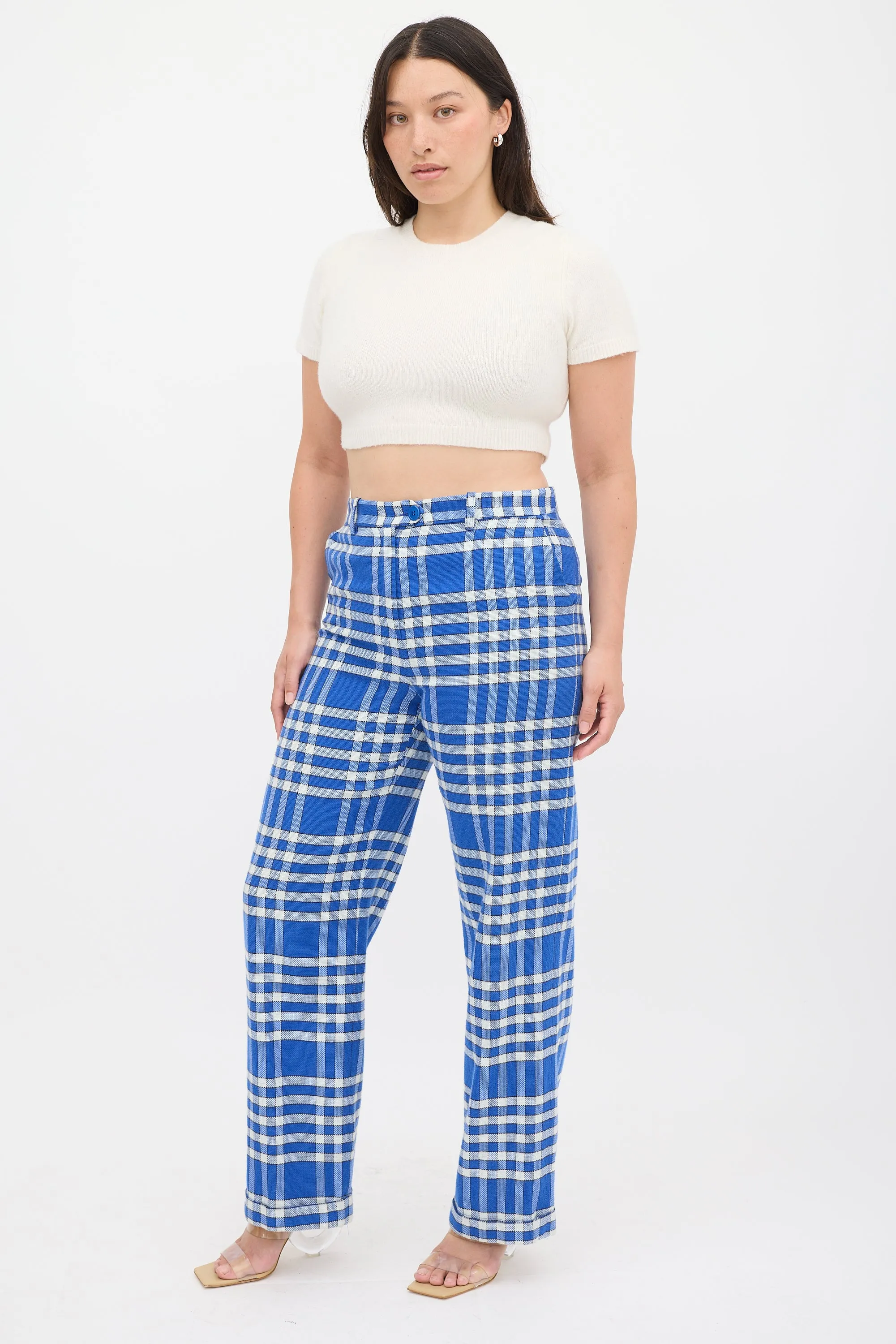 Blue & White Check Wide Leg Trouser