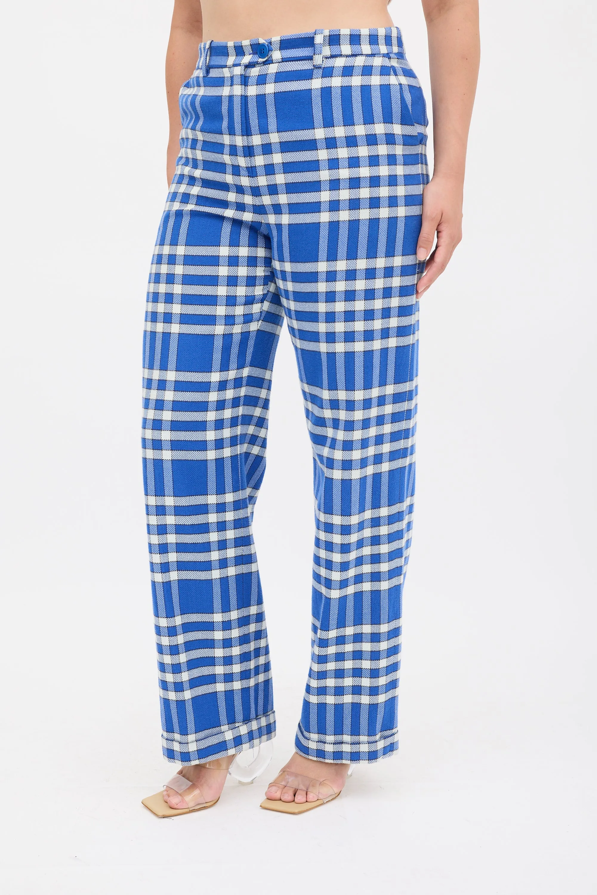 Blue & White Check Wide Leg Trouser