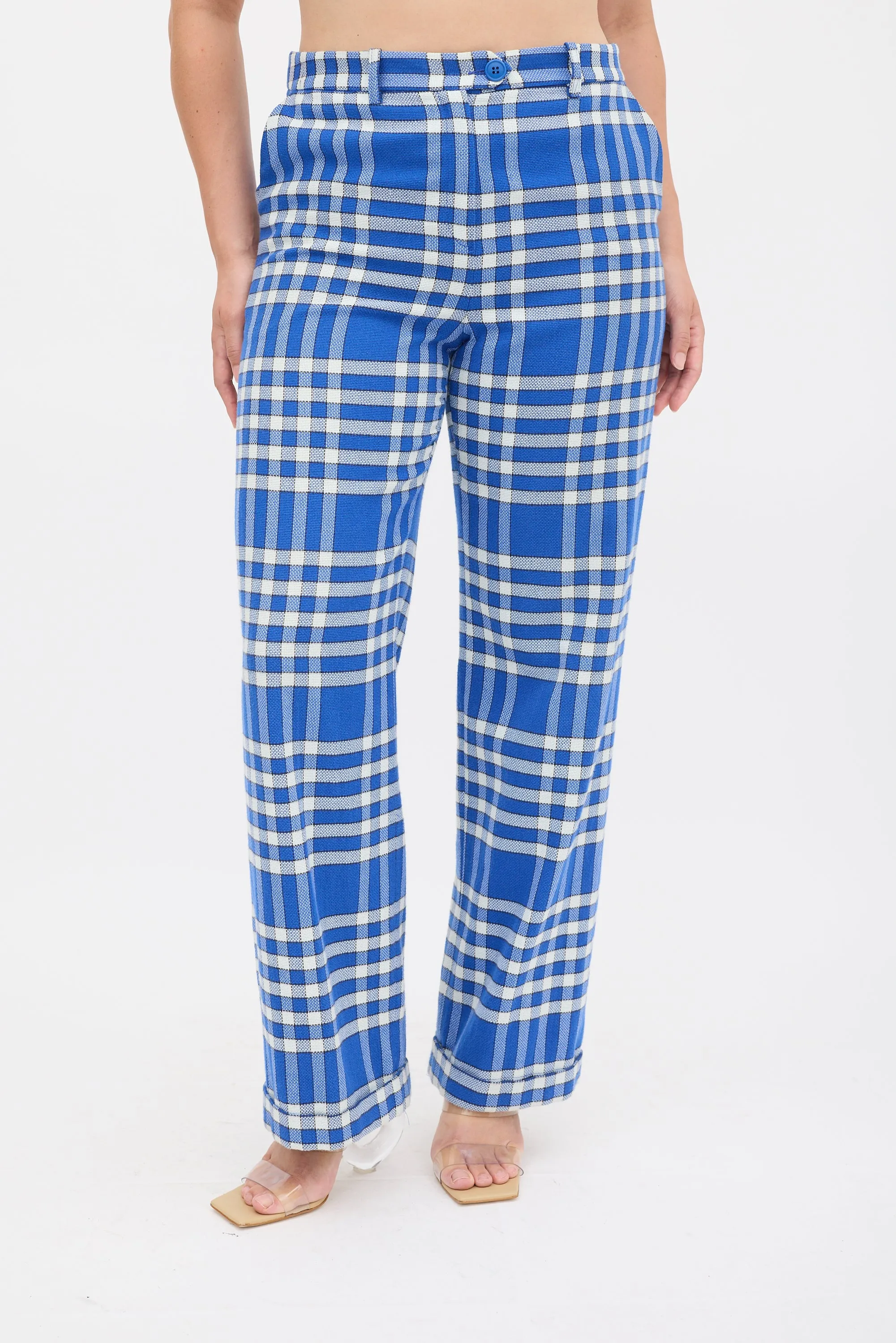 Blue & White Check Wide Leg Trouser