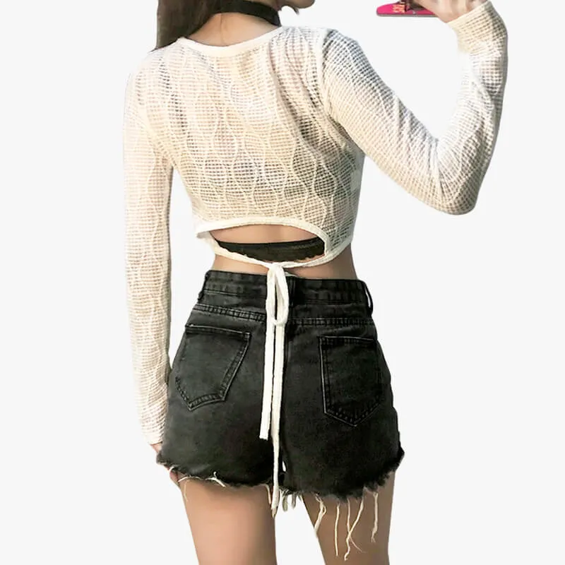 Coquette Fashion Сrop Blouse White Mesh Top