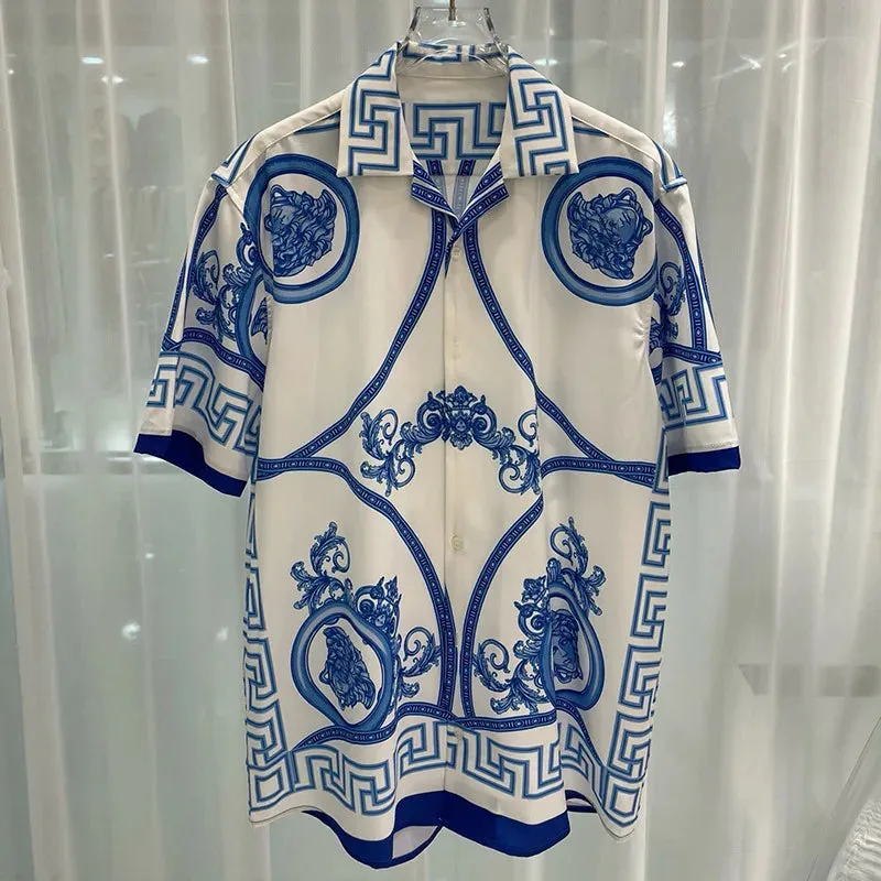 Men Long Sleeve Top Blue & White Porcelain Flower Shirt Lapel Short Sleeve