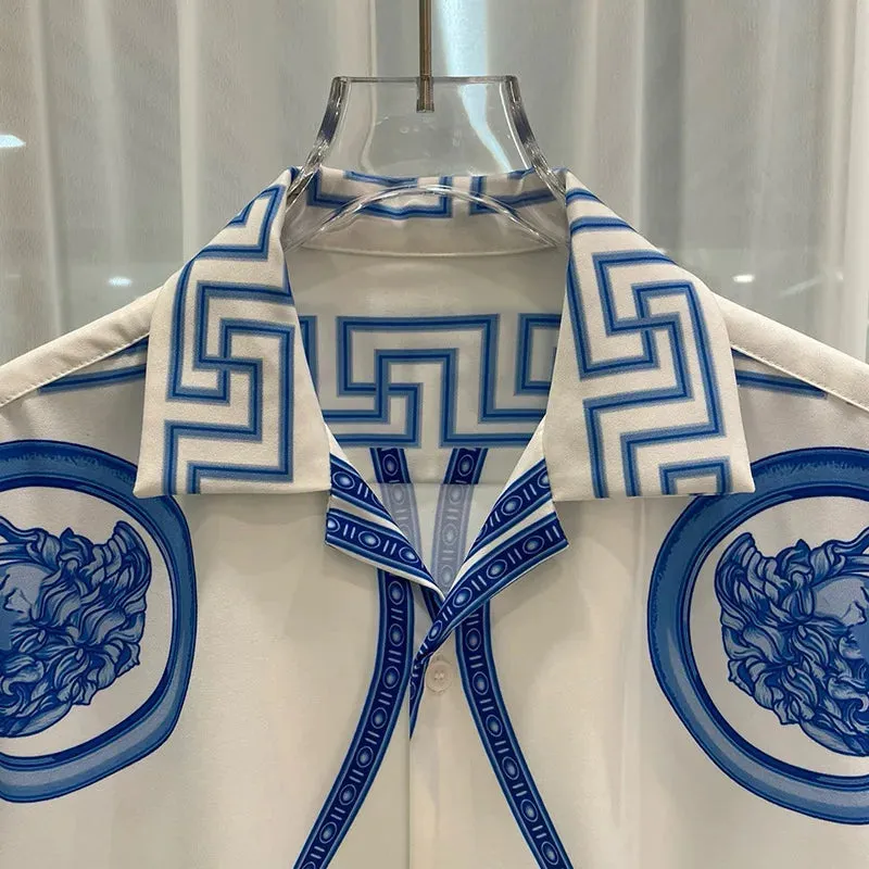 Men Long Sleeve Top Blue & White Porcelain Flower Shirt Lapel Short Sleeve