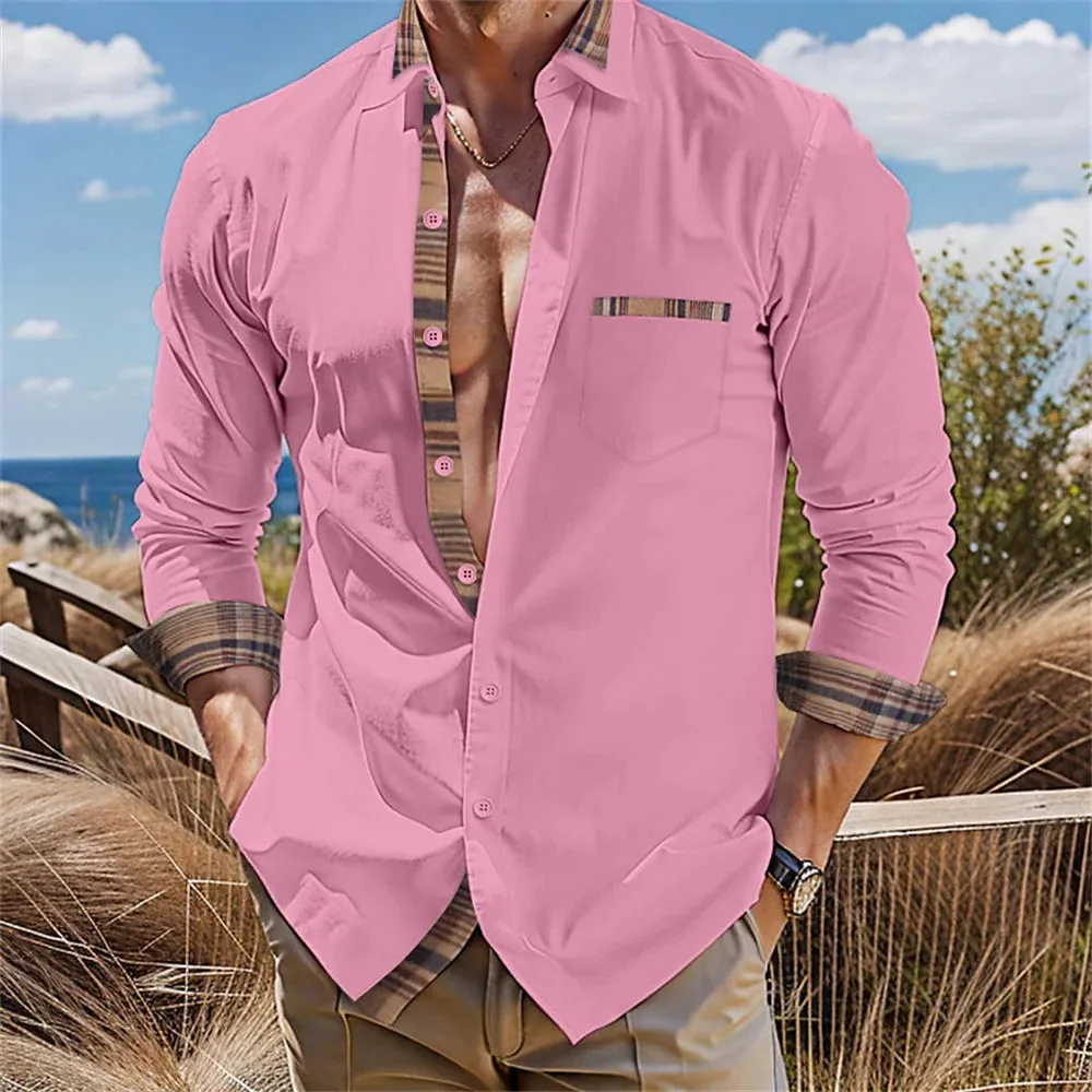 Men's button up shirt, black and white solid color, long sleeved striped cuffs, lapel collar, daily vacation pocket, fashionable