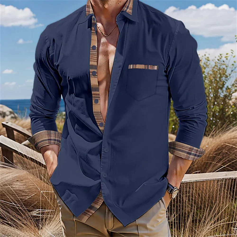 Men's button up shirt, black and white solid color, long sleeved striped cuffs, lapel collar, daily vacation pocket, fashionable