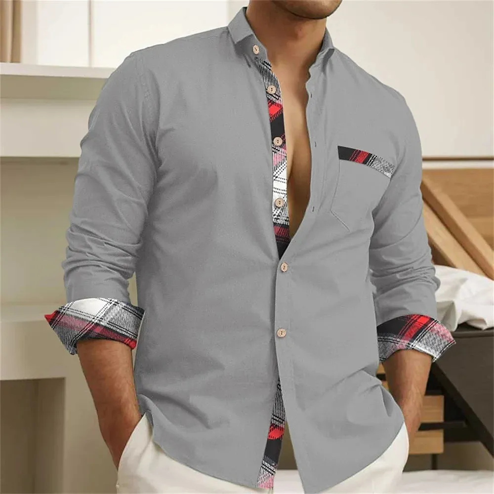 Men's button up shirt, black and white solid color, long sleeved striped cuffs, lapel collar, daily vacation pocket, fashionable