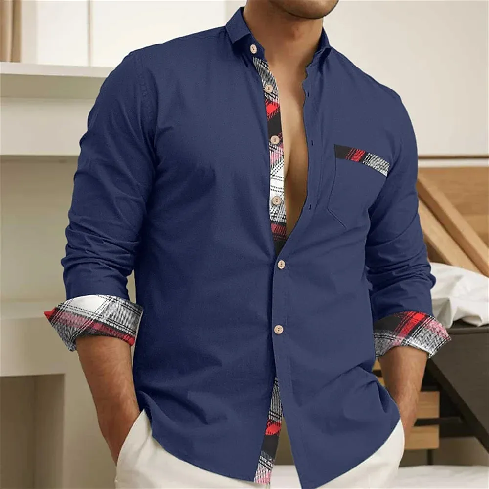 Men's button up shirt, black and white solid color, long sleeved striped cuffs, lapel collar, daily vacation pocket, fashionable