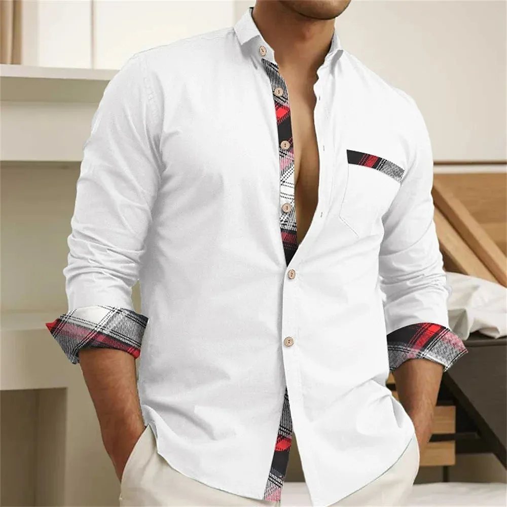 Men's button up shirt, black and white solid color, long sleeved striped cuffs, lapel collar, daily vacation pocket, fashionable
