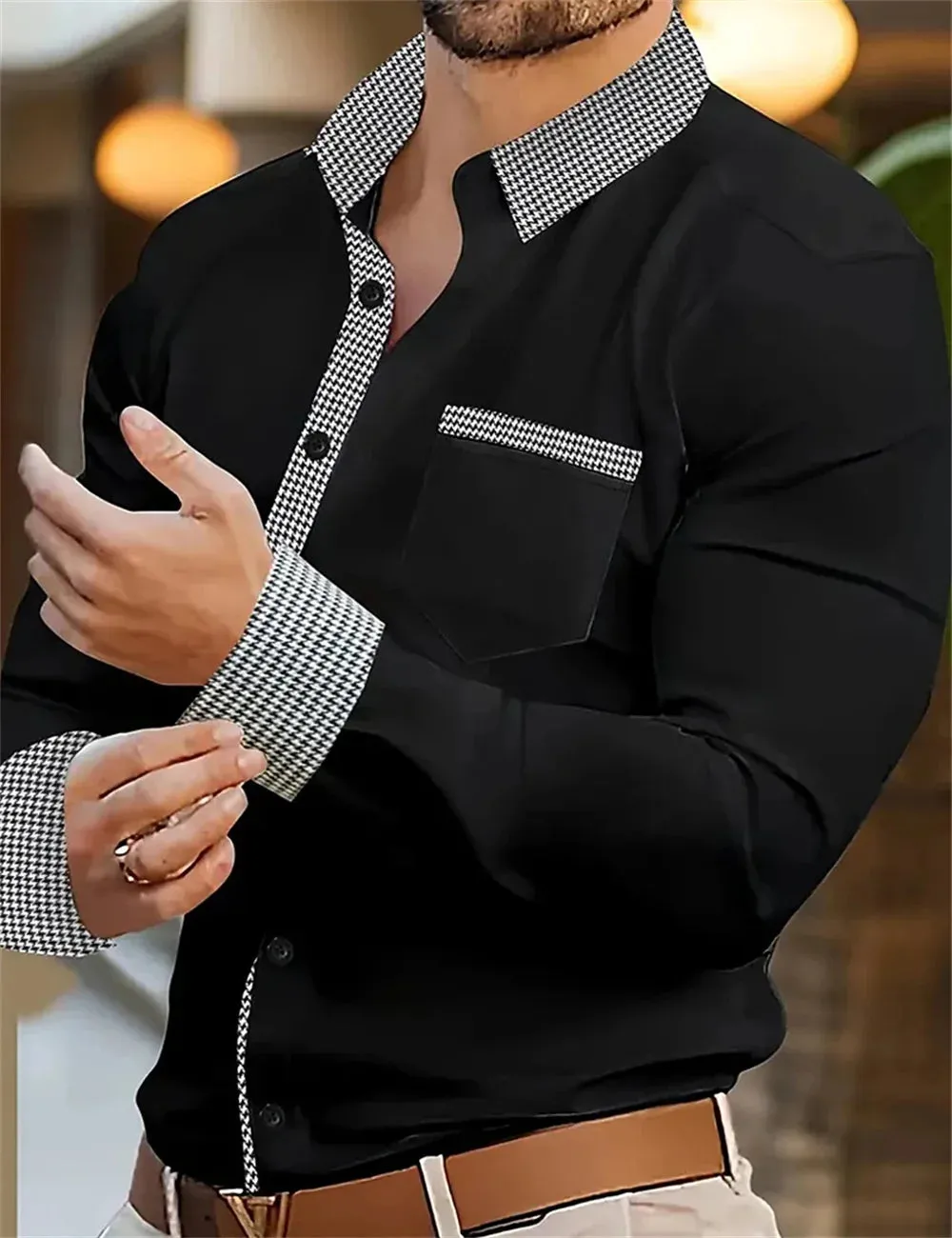 Men's button up shirt, black and white solid color, long sleeved striped cuffs, lapel collar, daily vacation pocket, fashionable