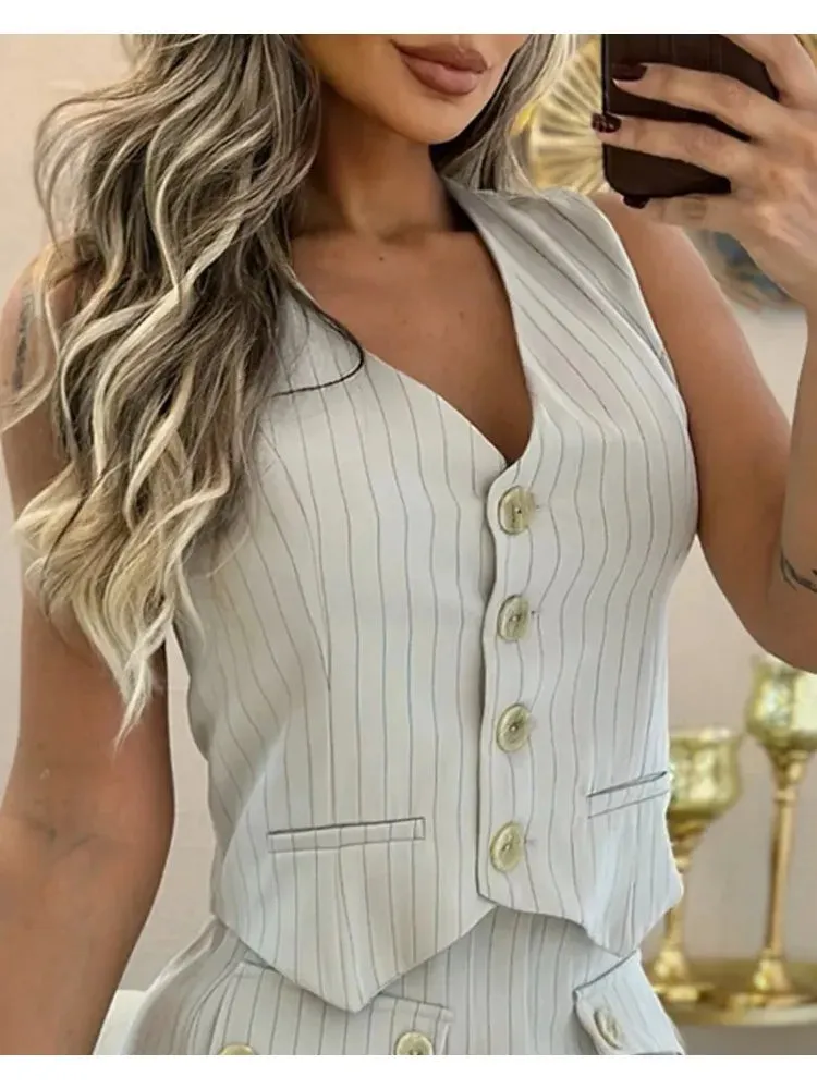 UAKISS  -  Office Lady Skirts Set Women Casual Suits 2024 Spring Summer V-Neck Striped Vest Top & Slit Flap Detail Skorts Sets Outfits