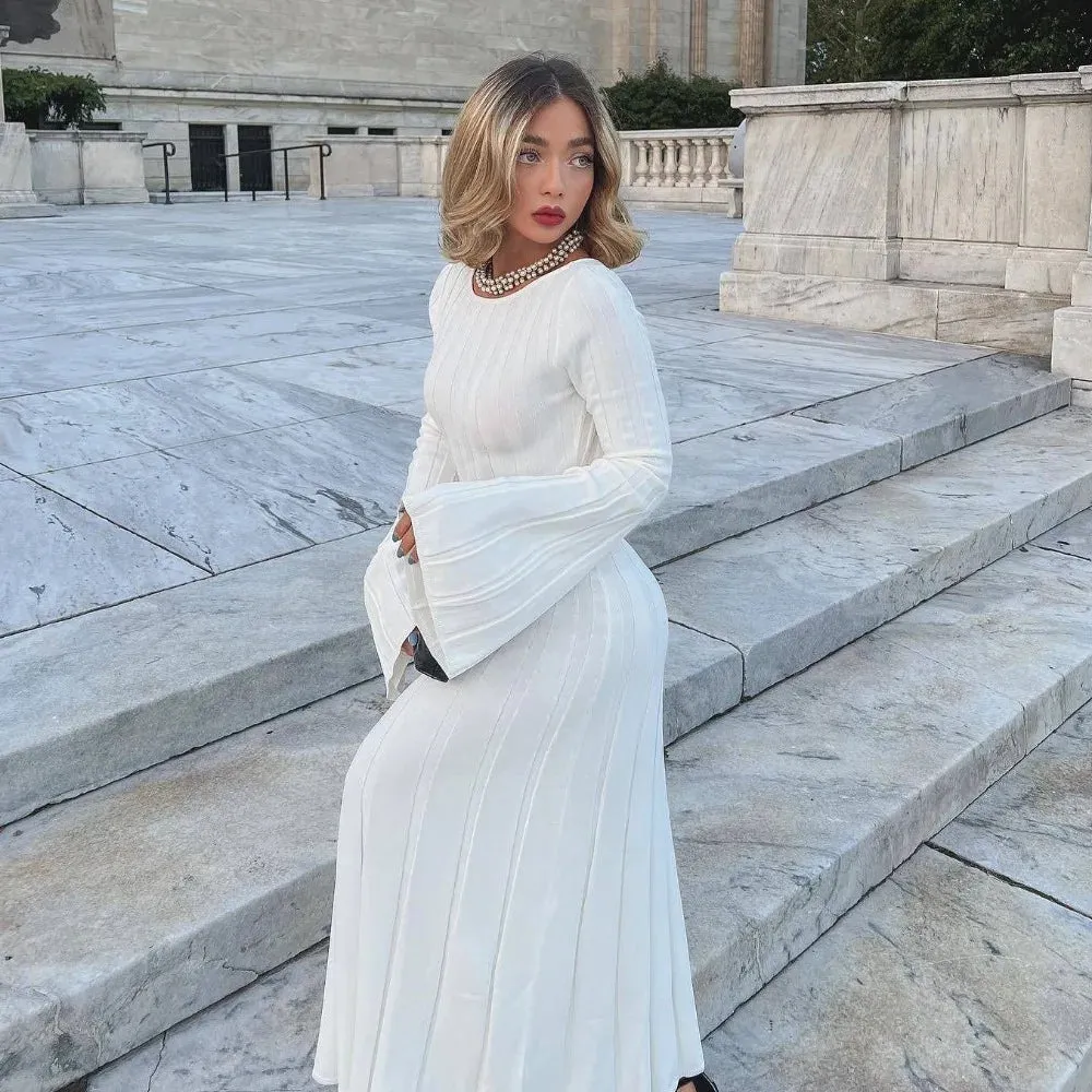 White Backless Knitted Elegant Long Sleeve Bodycon Maxi Dress